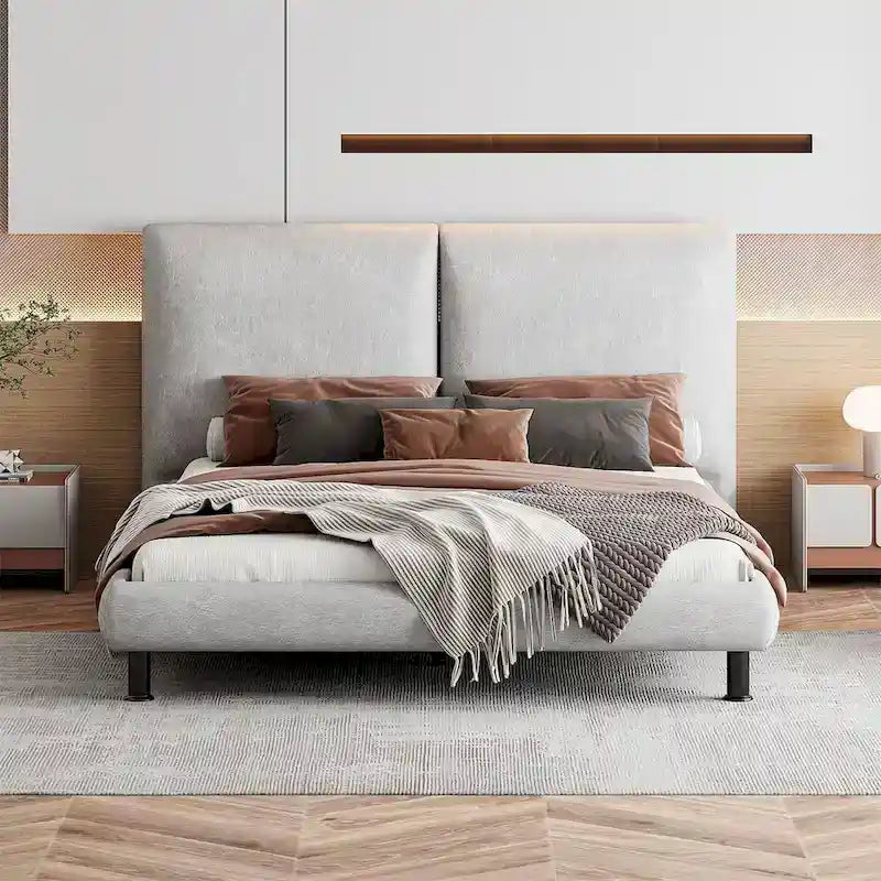 Polster-Plattformbett mit zwei großen Kopfstützen und dickem Stoff, Polyester