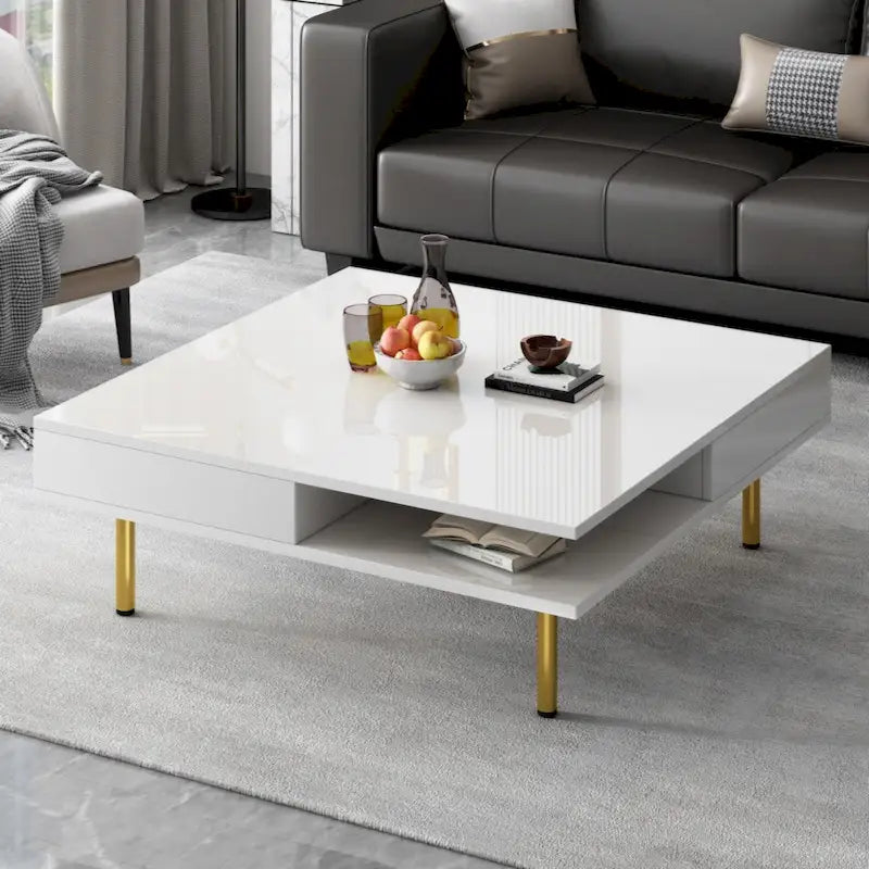 Exquisiter Hochglanz-Couchtisch mit 4 goldenen Beinen und 2 kleinen Schubladen, 2-stöckiger quadratischer Beistelltisch für das Wohnzimmer