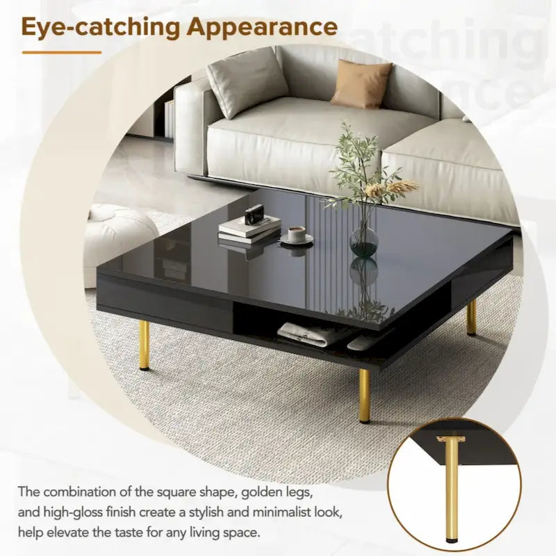 Exquisiter Hochglanz-Couchtisch mit 4 goldenen Beinen und 2 kleinen Schubladen, 2-stöckiger quadratischer Beistelltisch für das Wohnzimmer