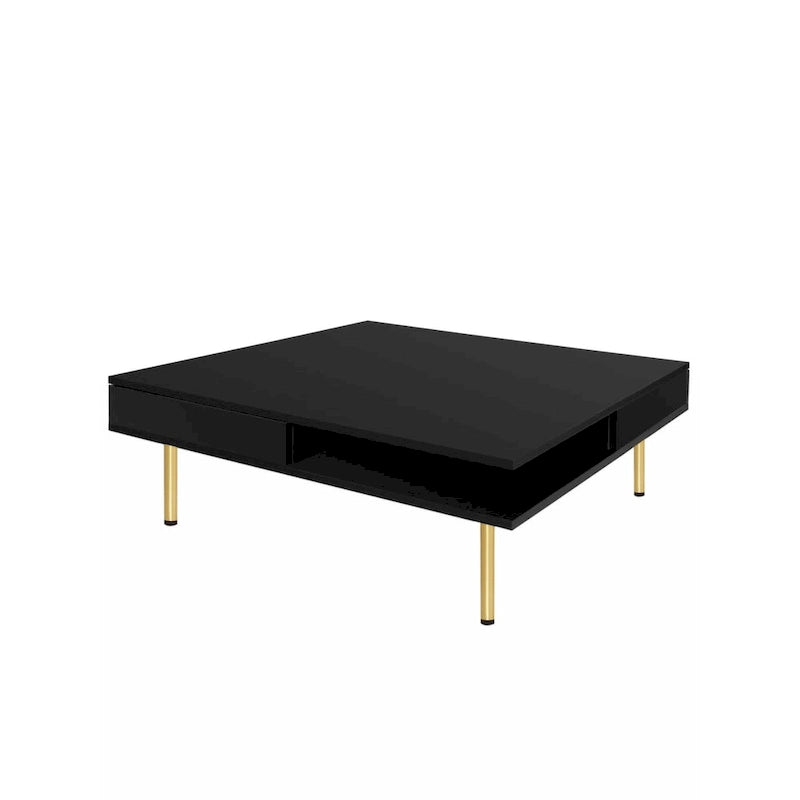 Exquisiter Hochglanz-Couchtisch mit 4 goldenen Beinen und 2 kleinen Schubladen, 2-stöckiger quadratischer Beistelltisch für das Wohnzimmer
