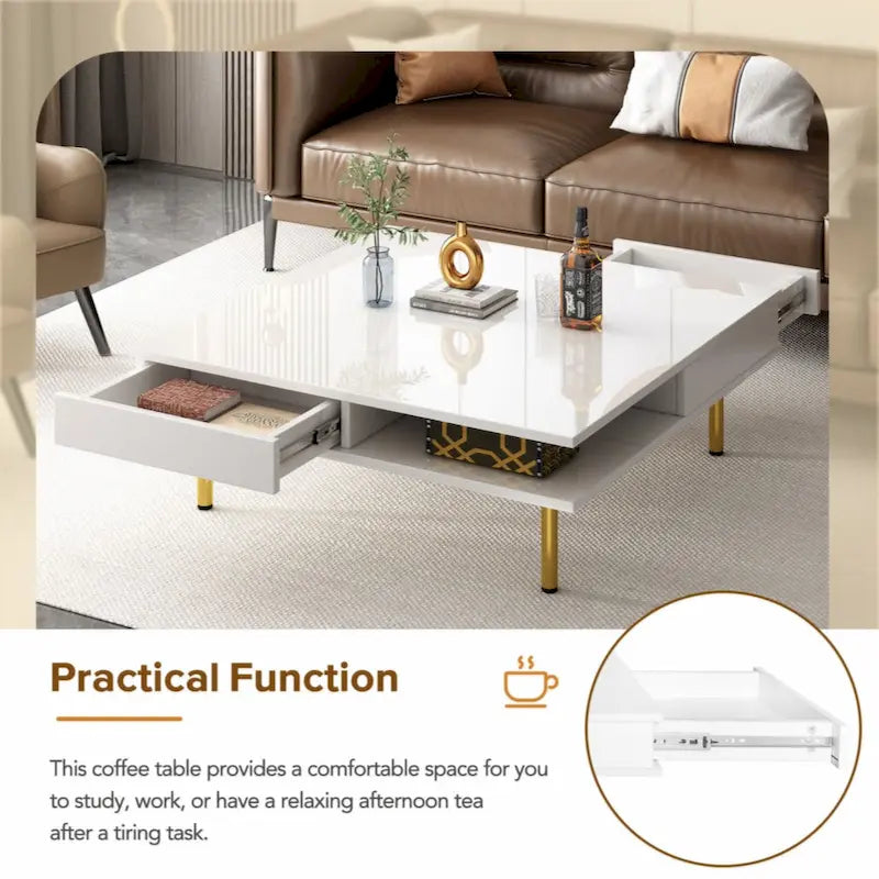 Exquisiter Hochglanz-Couchtisch mit 4 goldenen Beinen und 2 kleinen Schubladen, 2-stöckiger quadratischer Beistelltisch für das Wohnzimmer