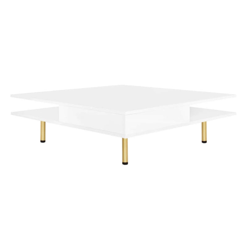 Exquisiter Hochglanz-Couchtisch mit 4 goldenen Beinen und 2 kleinen Schubladen, 2-stöckiger quadratischer Beistelltisch für das Wohnzimmer