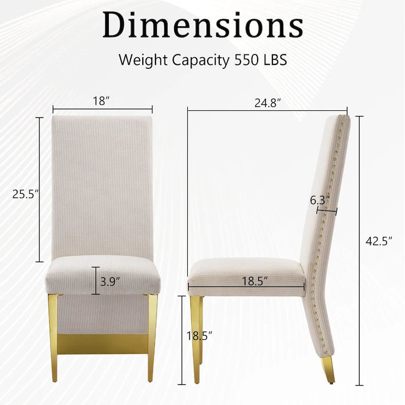 Moderne Esszimmerstühle aus cremefarbenem Samt mit Goldbeinen – 2er-Set