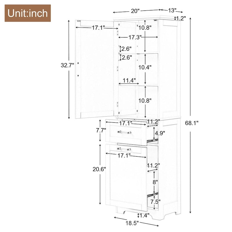 50,8 cm B x 33 cm T x 173 cm H Wäscheschrank mit 2 unterschiedlich großen Schubladen und verstellbarem Einlegeboden