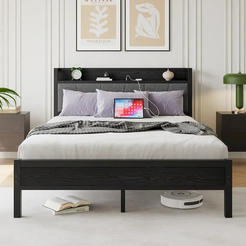 Queensize-Plattform-Bettrahmen mit Stauraum-Kopfteil, Ladestation und USB-Anschlüssen, einfache Montage